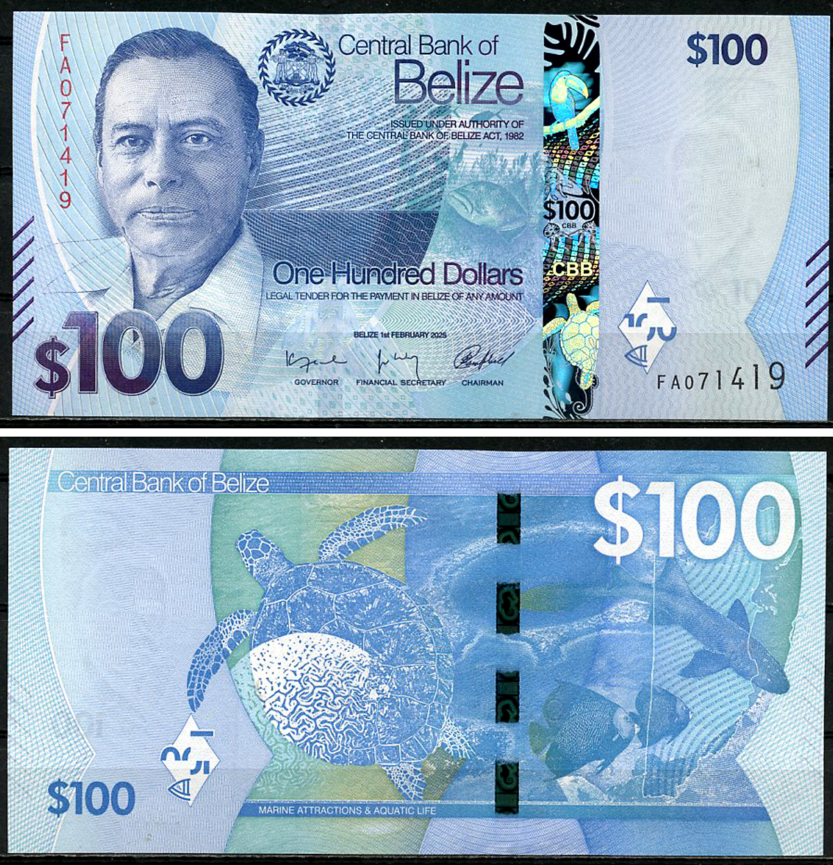 Белиз 100 долларов 2025 Джордж Кэдл Прайс, черепаха, акула Pick 78  бумага  UNC (пресс) 451-1187-1
