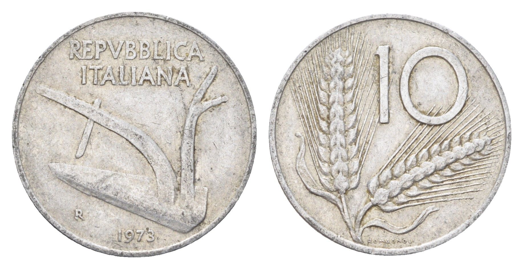 Италия 10 лир 1973 R, плуг, колосья KM 93 алюминий 4704-544