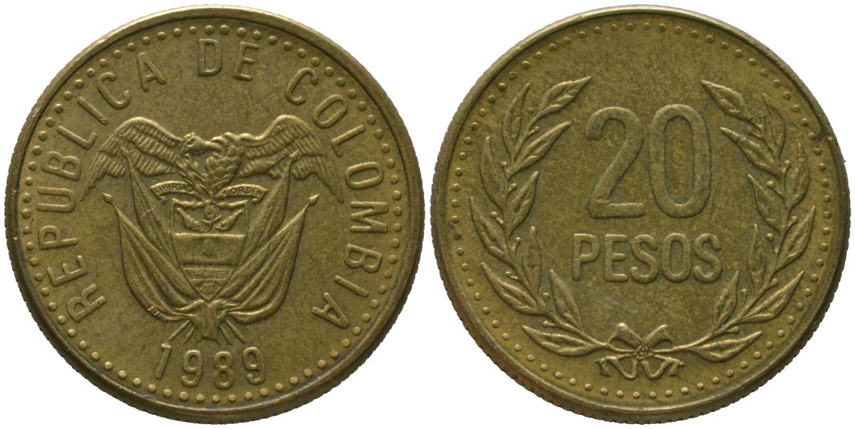 Колумбия 20 песо 1989 KM 282 алюминиевая бронза 4528-854