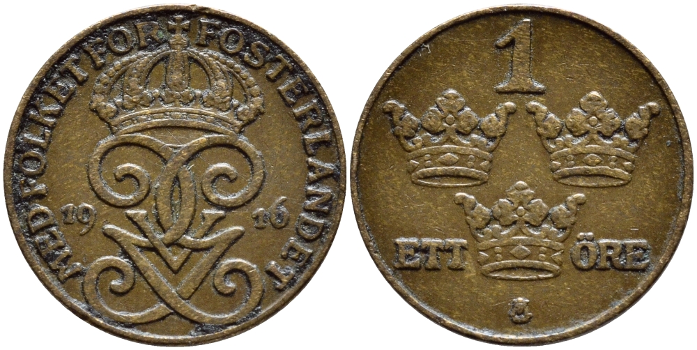 Швеция 1 эре 1916 длинная 6, Густав V (1907-1950) KM 777.2 бронза 4396-169