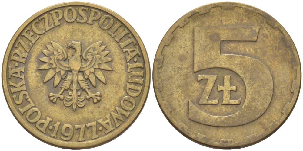 Польша 5 злотых 1977 монетный двор Ленинград (ЛМД) KM 81.1, Parchimowicz 221c латунь 4514-534