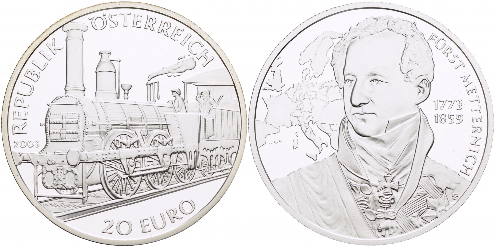 Австрия 20 евро 2003 ПАРОВОЗ, ПРИНЦ МЕТТЕРНИХ (1773-1859) KM 3104 серебро PROOF 1087-3-73