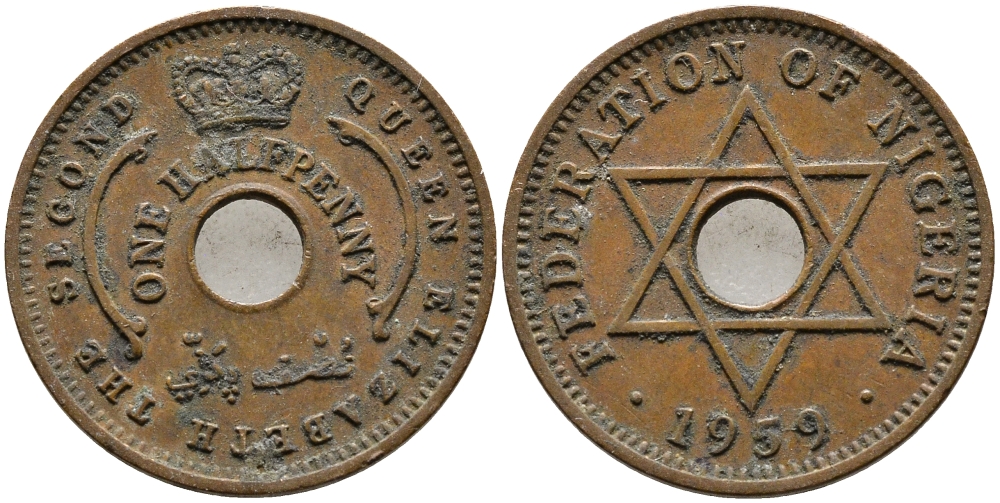 Нигерия 1/2 пенни 1959 Елизавета II (1952-), Британский протекторат KM 1 бронза 4387-319