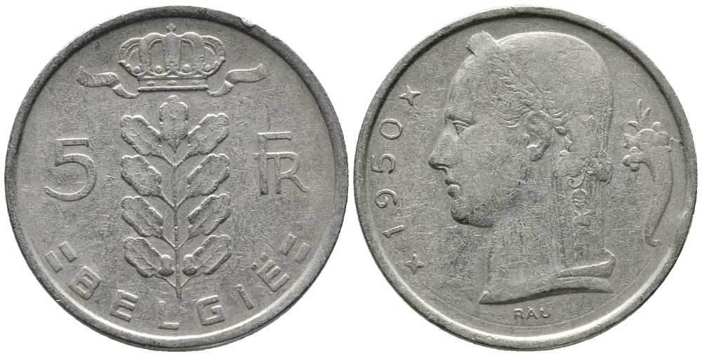 БЕЛЬГИЯ 5 ФРАНКОВ 1950 BELGIE KM 135.1 медно-никель 24-1244