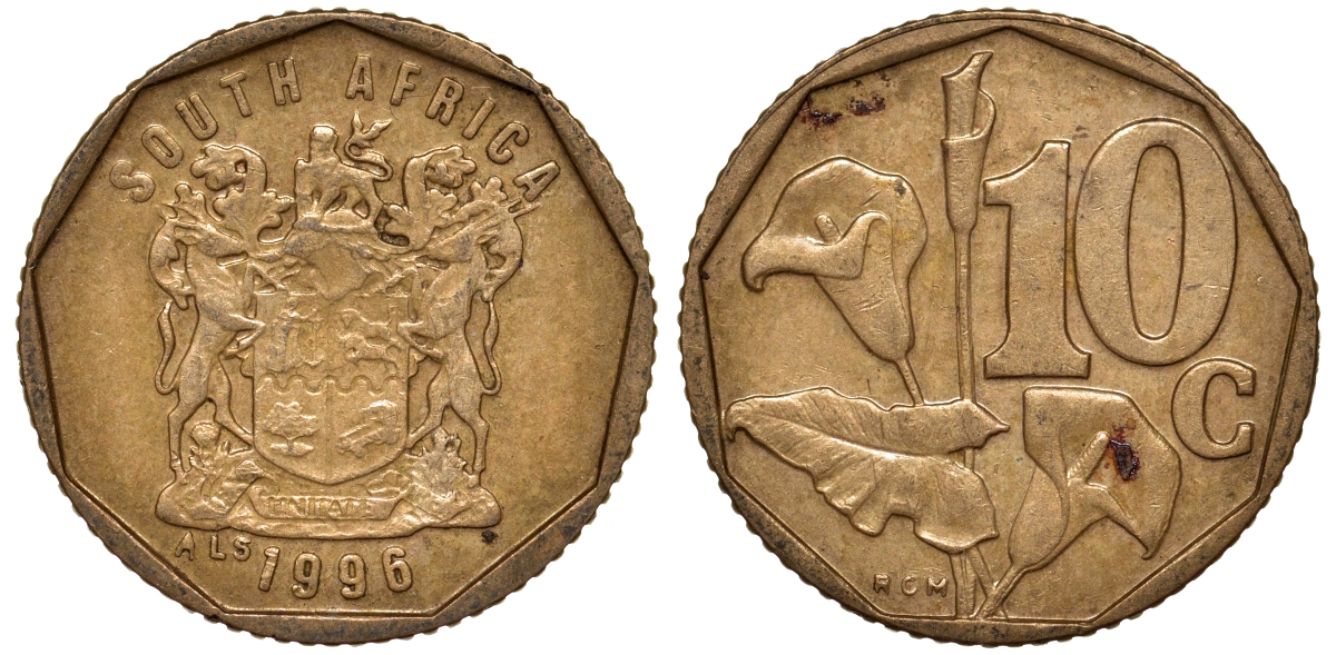ЮАР 10 центов 1996 KM 161 сталь плакированная латунью 4164-514