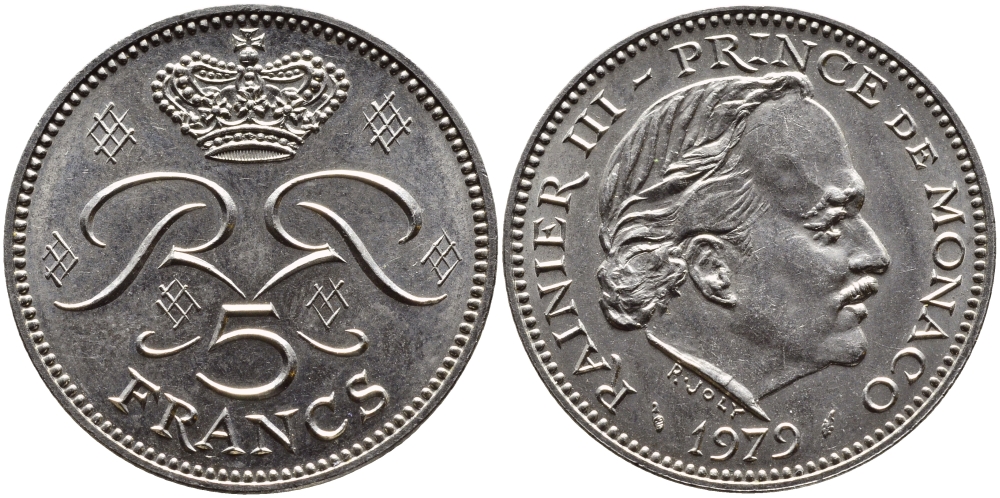 Монако 5 франков 1979 Ренье III (1949-2005) KM 150 медно-никель плакированный никелем 4389-1236