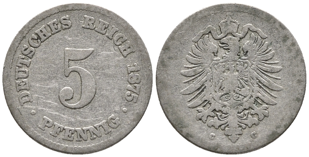 Германия 5 пфеннигов 1875 C, старогербовка KM 3, Jager 3, Weege 5 медно-никель 39-325