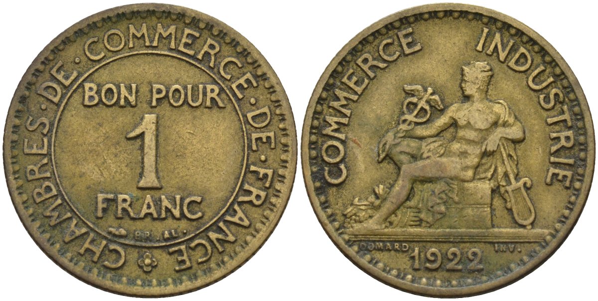 Франция 1 франк 1922 KM 876, Le Franc 218.5 алюминиевая бронза 4142-626