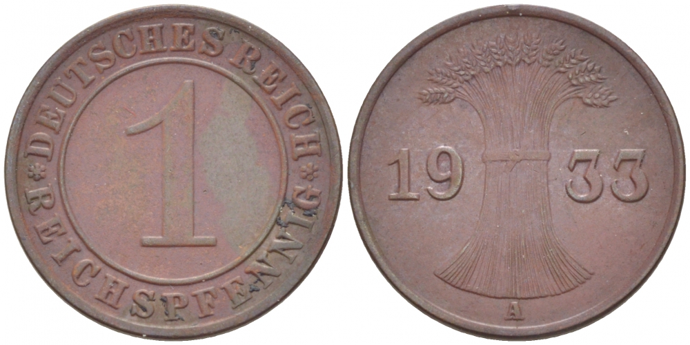 ГЕРМАНИЯ 1 РЕЙХСПФЕННИГ 1933 A KM 37 J. 313 бронза 116-759