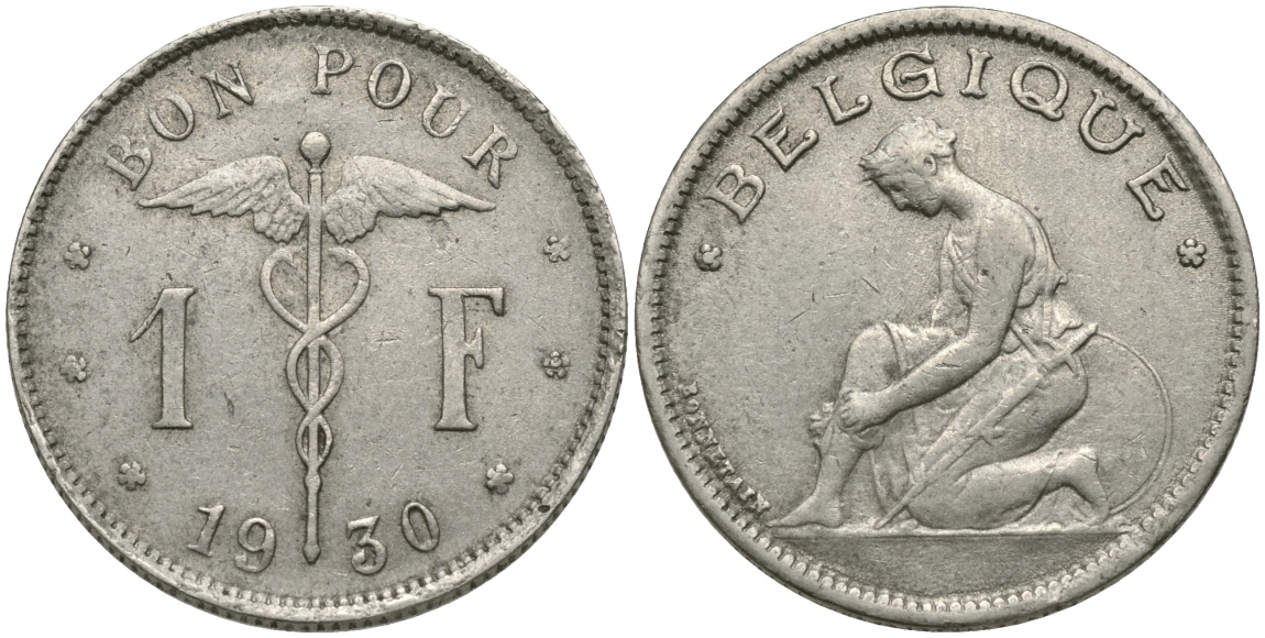 БЕЛЬГИЯ 1 ФРАНК 1930 BELGIQUE KM 89 никель 51-2112