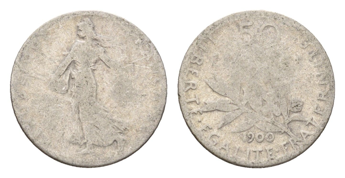 Франция 50 сантимов 1900 KM 854 серебро 54-641