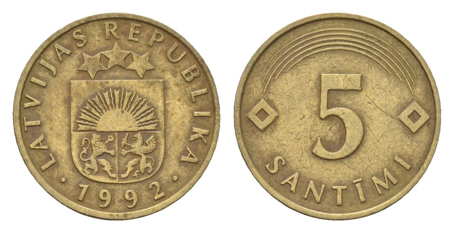 Латвия 5 сантимов 1992 KM 16 никель латунь 105-563