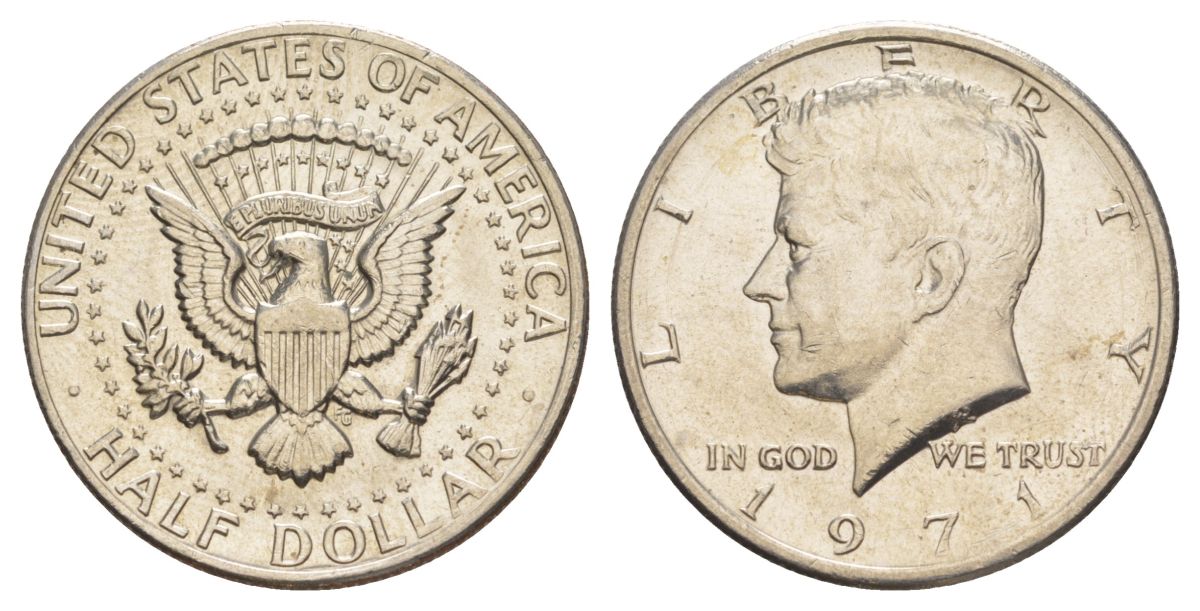 США 1/2 доллара (50 центов) 1971 Джон Кеннеди KM 202b медь плакированная медно-никелем aUNC 4137-734