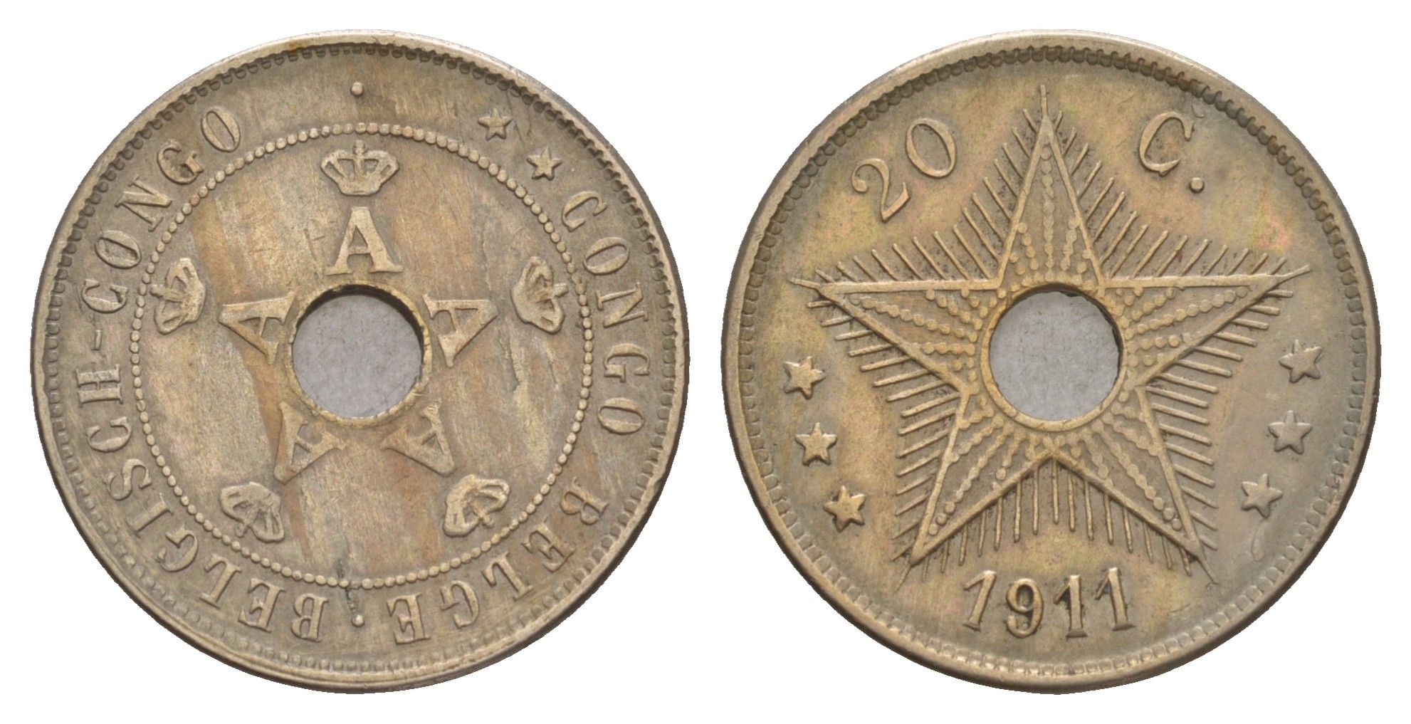 Бельгийское Конго 20 сантимов 1911 KM 19 медно-никель 4654-1133