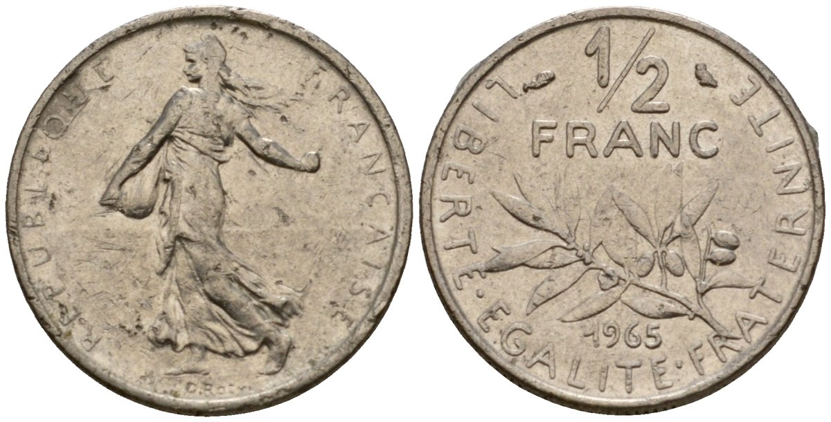 Франция 1/2 франка 1965 сеятель KM 931, Le Franc 198.3 никель 4601-725