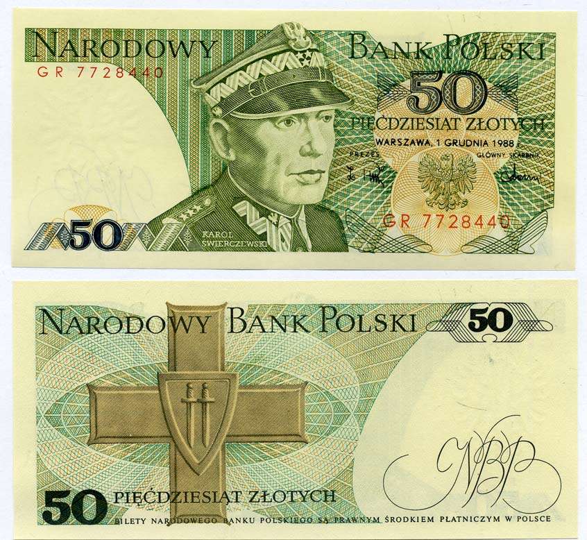 Польша 50 злотых 1988 Кароль Сверчевский, знак Грюнвальдского ордена Pick 142 c бумага UNC (пресс) 6262-27-5-2