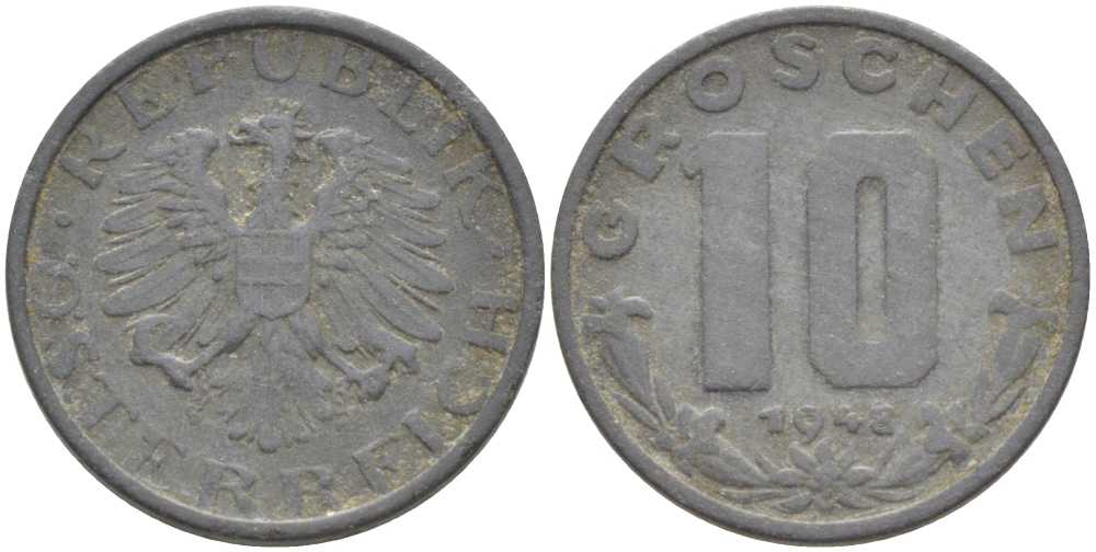 АВСТРИЯ 10 ГРОШЕЙ 1948 KM 2874 цинк 4401-1112