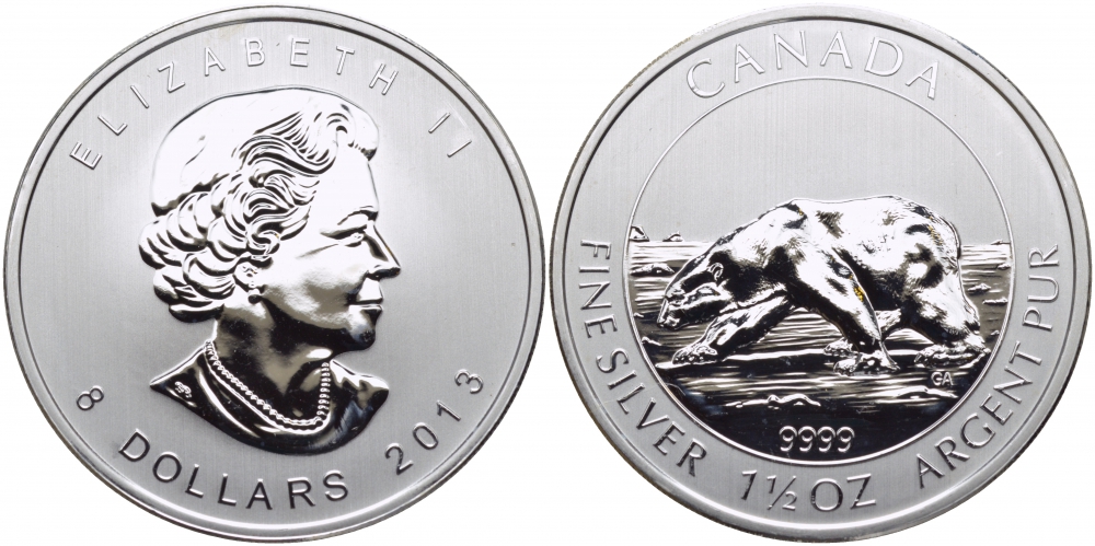 КАНАДА 8 ДОЛЛАРОВ 2013 БЕЛЫЙ МЕДВЕДЬ, ВЕС 1,5 УНЦИИ KM NEW серебро UNC 04-093-15