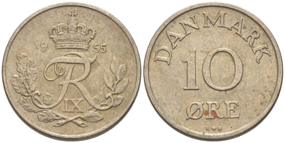 ДАНИЯ 10 ЭРЕ 1955 N; S, ФРЕДЕРИК IX (1947-1972) KM 841.1 медно-никель 4387-734