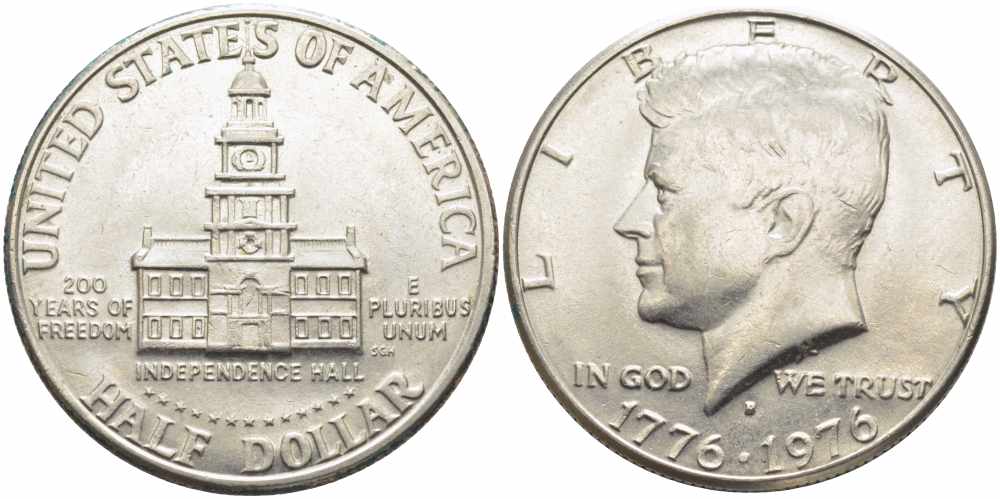 США 50 центов = 1/2 доллара 1976 D, 200 лет независимости, Джон Кеннеди KM 205 медь плакированная медно-никелем 111-314