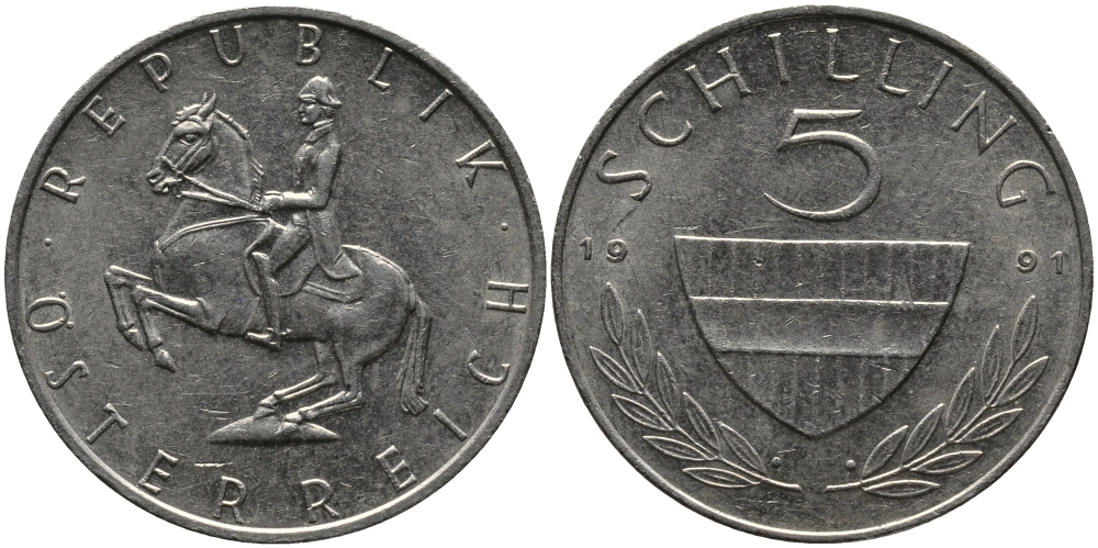 АВСТРИЯ 5 ШИЛЛИНГОВ 1991 KM 2889а медно-никель 33-614