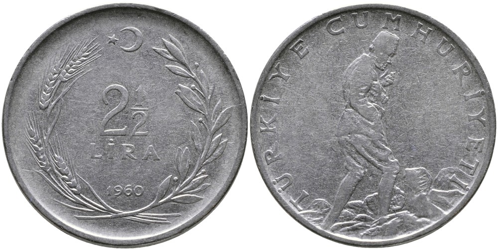 ТУРЦИЯ 2 1/2 ЛИРЫ 1960 KM 893.1 нержавеющая сталь 29-1016