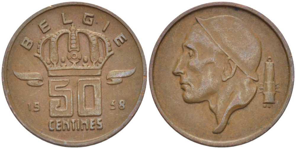 БЕЛЬГИЯ 50 САНТИМОВ 1958 BELGIE KM 149.1 бронза 4396-235