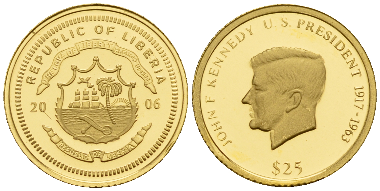 Либерия 25 долларов 2006 Джон Кеннеди золото PROOF 00-815-35
