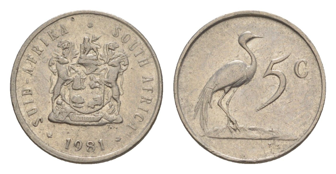 ЮАР 5 центов 1981 герб, райский журавль KM 84 никель 4598-113