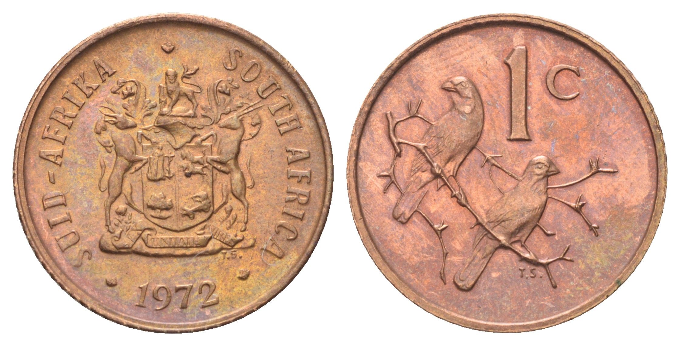 ЮАР 1 цент 1972 герб, капские воробьи KM 82 бронза UNC 4696-922