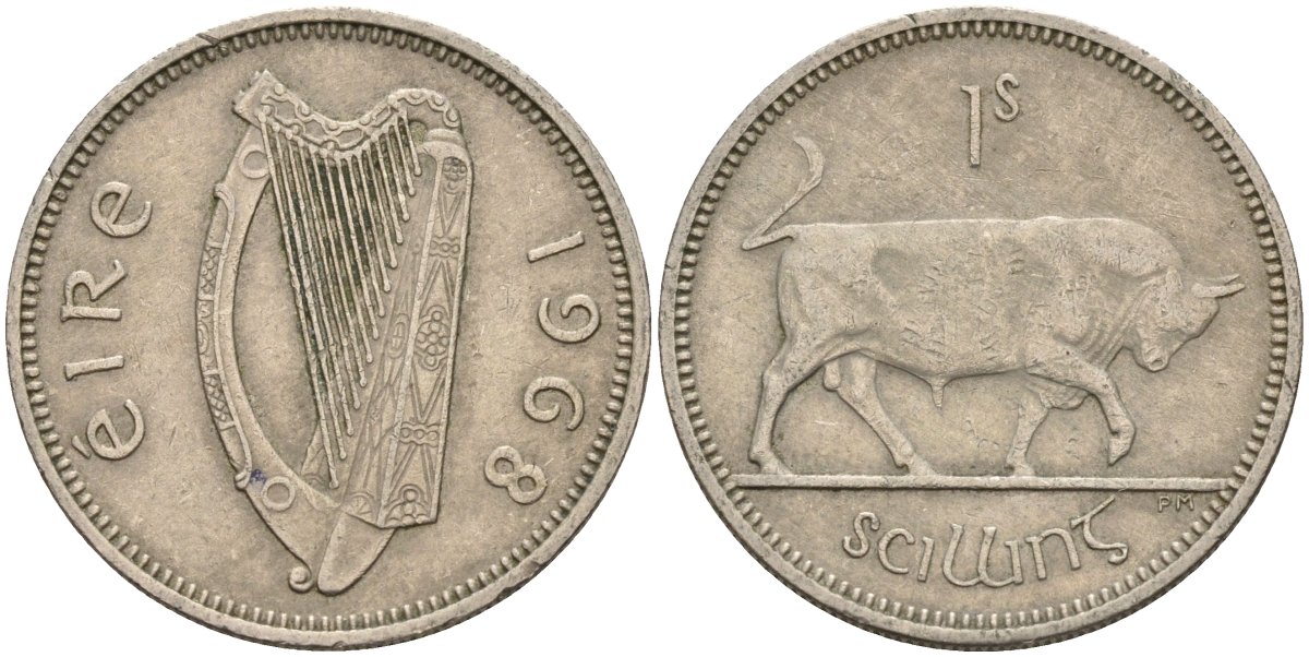 Ирландия 1 шиллинг 1968 бык KM 14a медно-никель 4146-521
