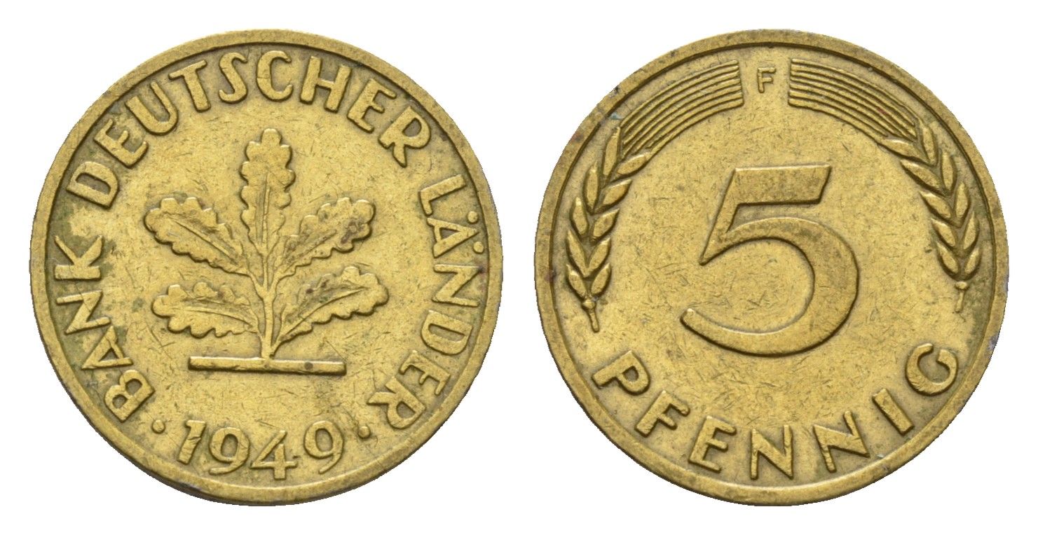 ФРГ 5 пфеннигов 1949 F KM 102, J. 377 сталь плакированная латунью 4630-437