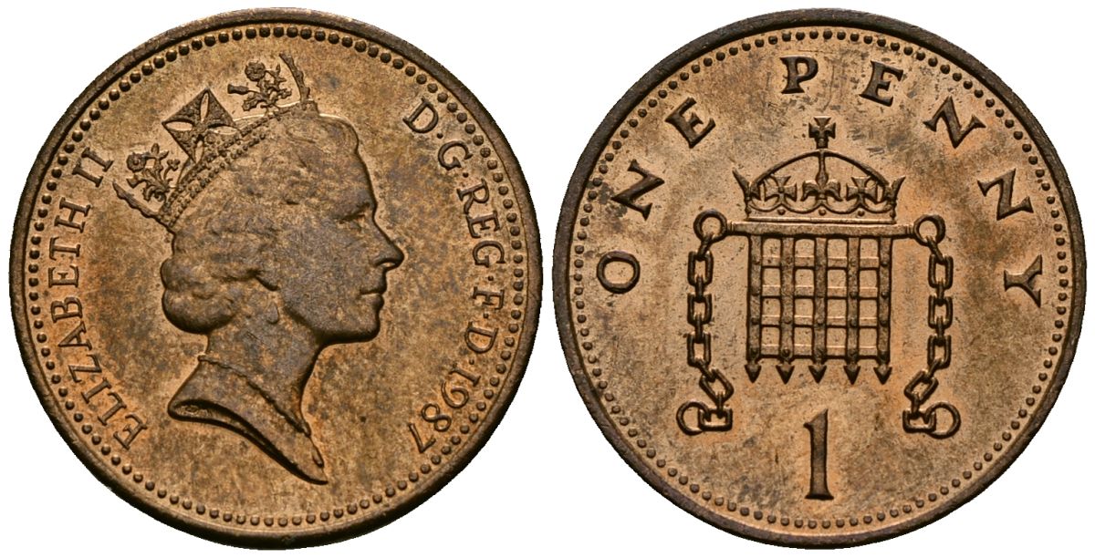 Великобритания 1 пенни 1987 Елизавета II (1952-2022) KM 935, Spink 4381 (B3) бронза 4176-616