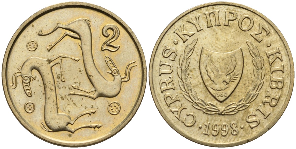 Кипр 2 цента 1998 KM 54.3 никель латунь 4596-122
