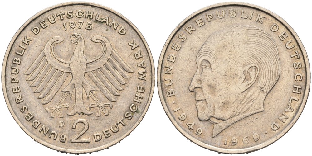 ФРГ 2 МАРКИ 1975 D, КОНРАД АДЕНАУЭР KM 124, J. 406 медно-никель плакированный никелем 4511-211