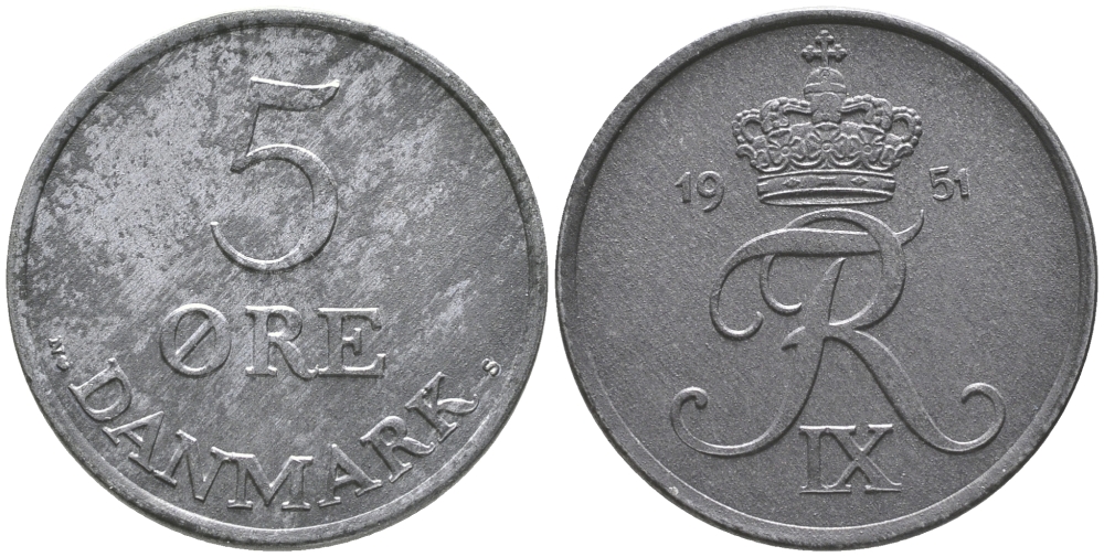 ДАНИЯ 5 ЭРЕ 1951 N; S, ФРЕДЕРИК IX (1947-1972) KM 843.1 цинк UNC 32-535