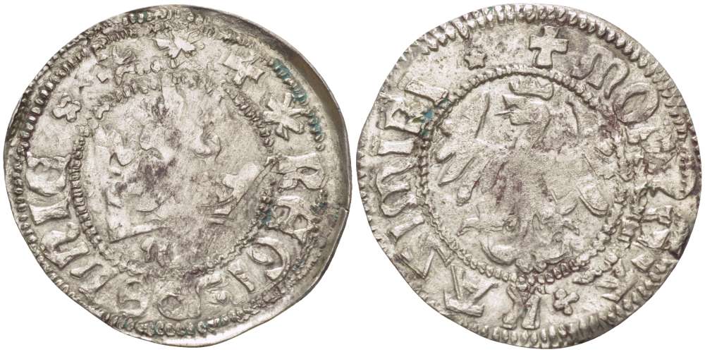 Польша 1/2 гроша (полугрош) 1445-1492 Казимир IV династия Ягеллонов (1442-1495), вес 1,29 гр., под короной МК Gum. v451 серебро 1517-524