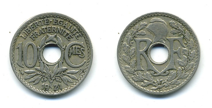 Франция 10 сантимов 1921 тип Линдайё KM 866a, Le Franc 138.3 медно-никель 84-337