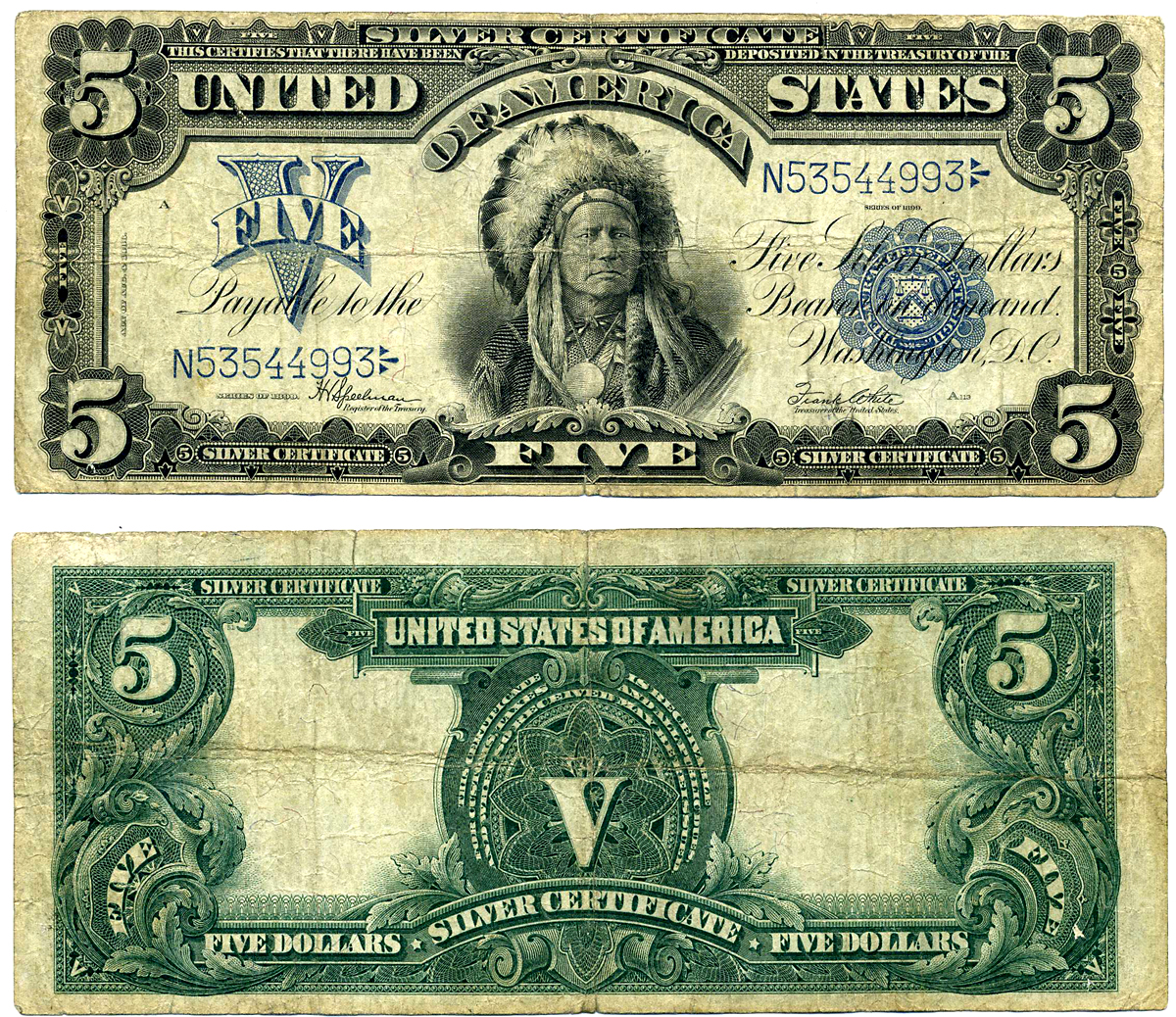 США 5 долларов 1899 серебряный сертификат, вождь, подписи SPEELMAN & WHITE Pick 340 (11)  бумага   451-109-1