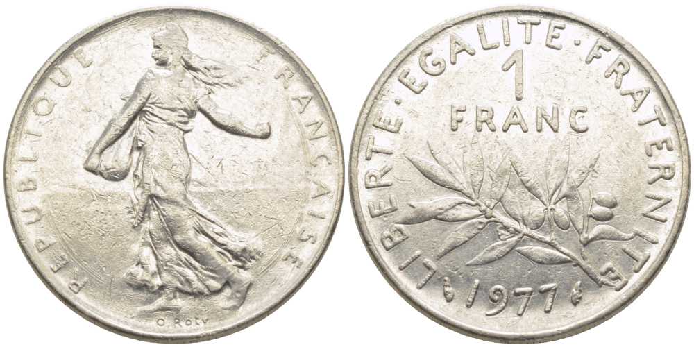 ФРАНЦИЯ 1 ФРАНК 1977 СЕЯТЕЛЬ KM 925.1, LE FRANC 226.22 никель 175-544