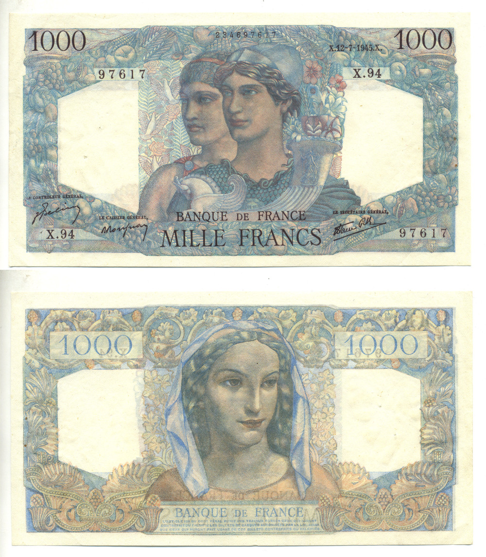 Франция 1000 франков 1945 12 июля 1945 Pick 130 a бумага 3295-66-1-1