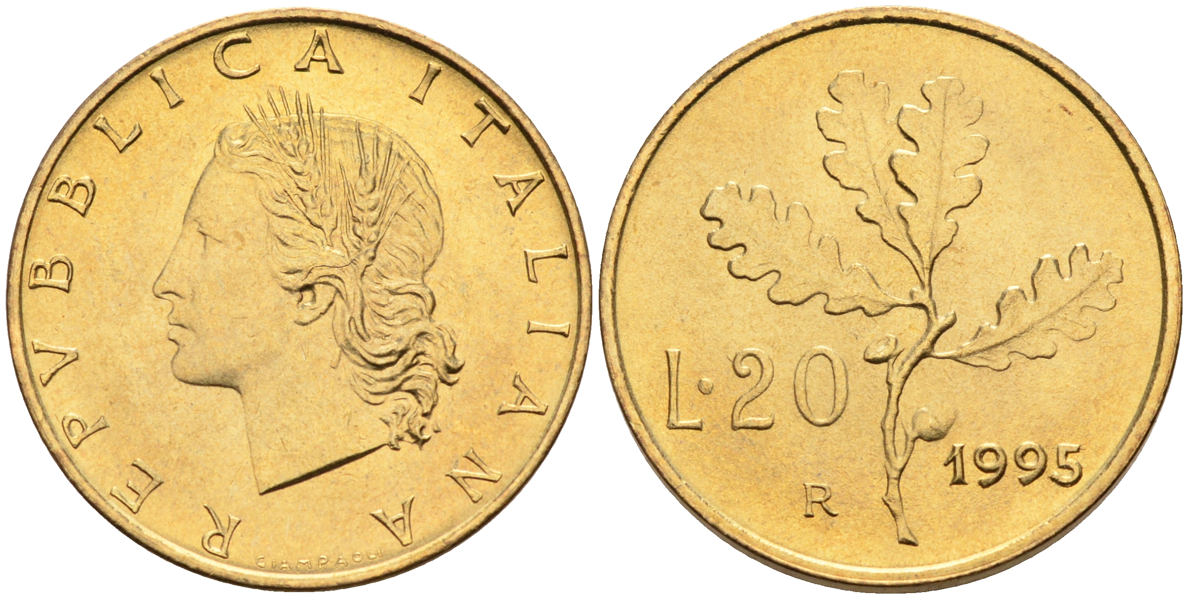 Италия 20 лир 1995 R, дубовый лист KM 97.2 алюминиевая бронза  UNC  4594-1012