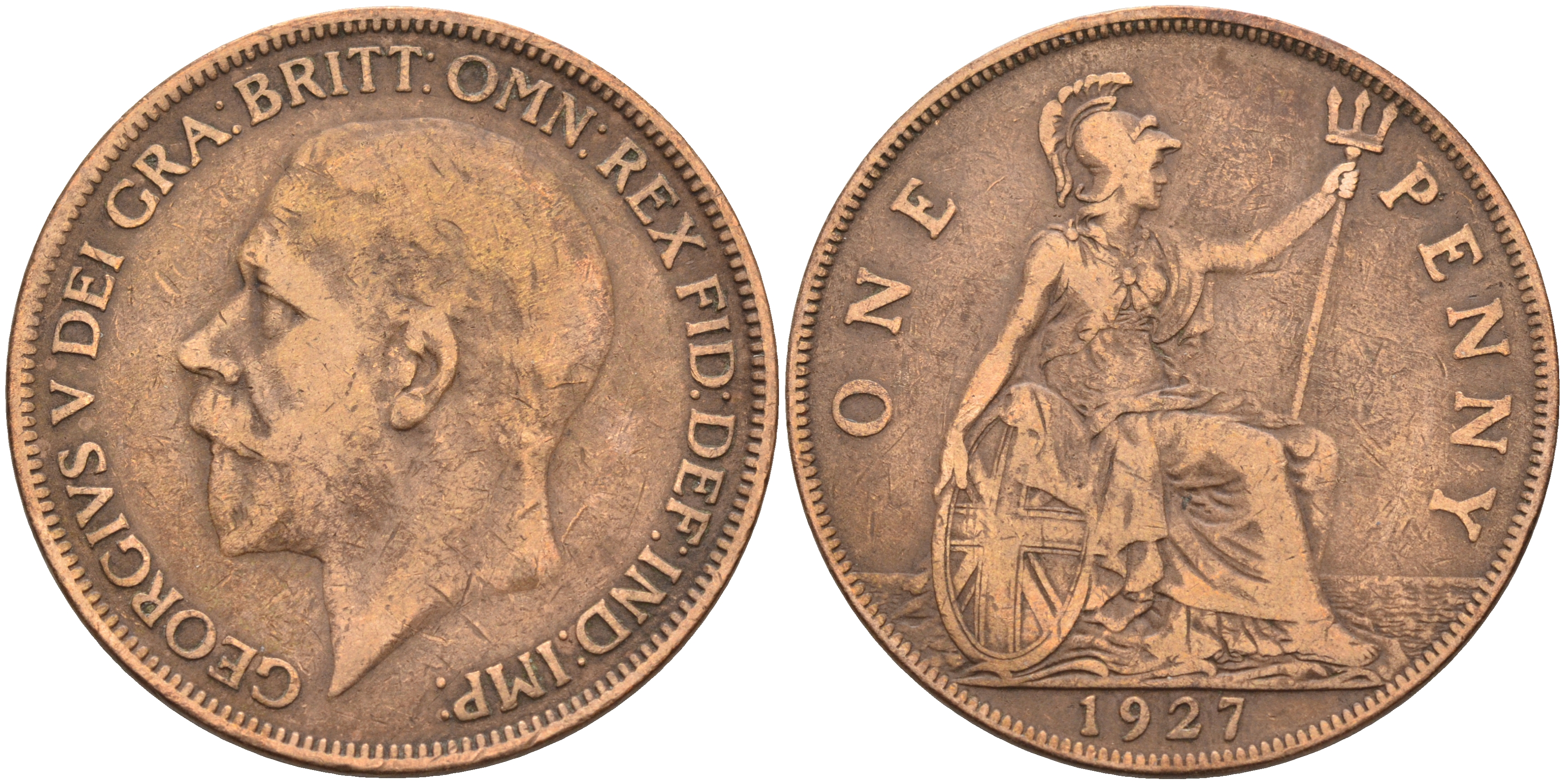 Великобритания 1 пенни 1927 Георг V (1910-1936) КМ 826, Spink 4054 бронза 4367-114