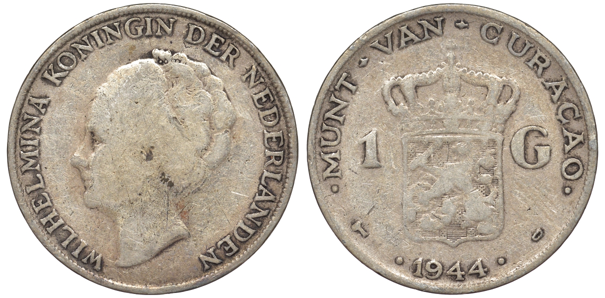 Нидерландское Кюрасао 1 гульден 1944 D, Вильгельмина (1890-1948) KM 45 серебро 36-742