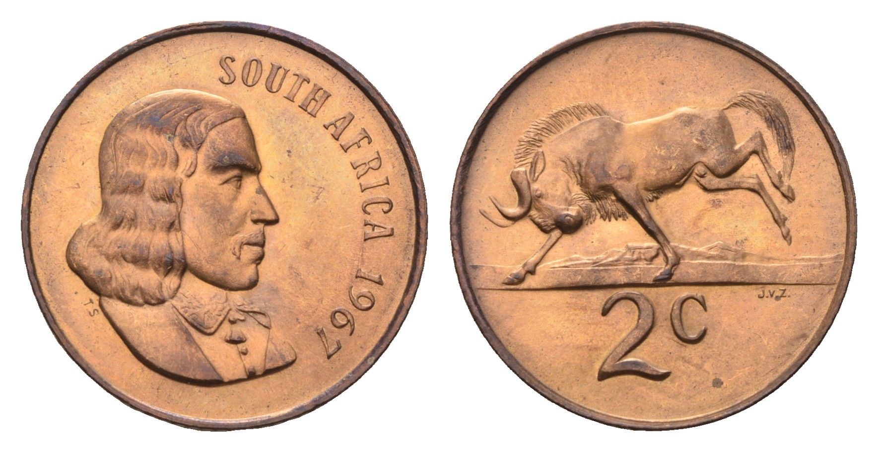 ЮАР 2 цента 1967 Ян ван Рибек (1619-1677), South Africa, легенда на английском, антилопа KM 66.1 бронза UNC 4622-853