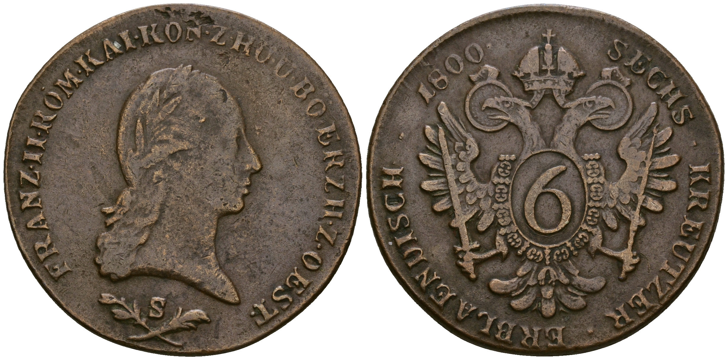 Австрия 6 крейцеров 1800 S, Франц II (Франц Иосиф Карл) (1792-1806) KM 2128, Herinek 1031 медь 4557-215