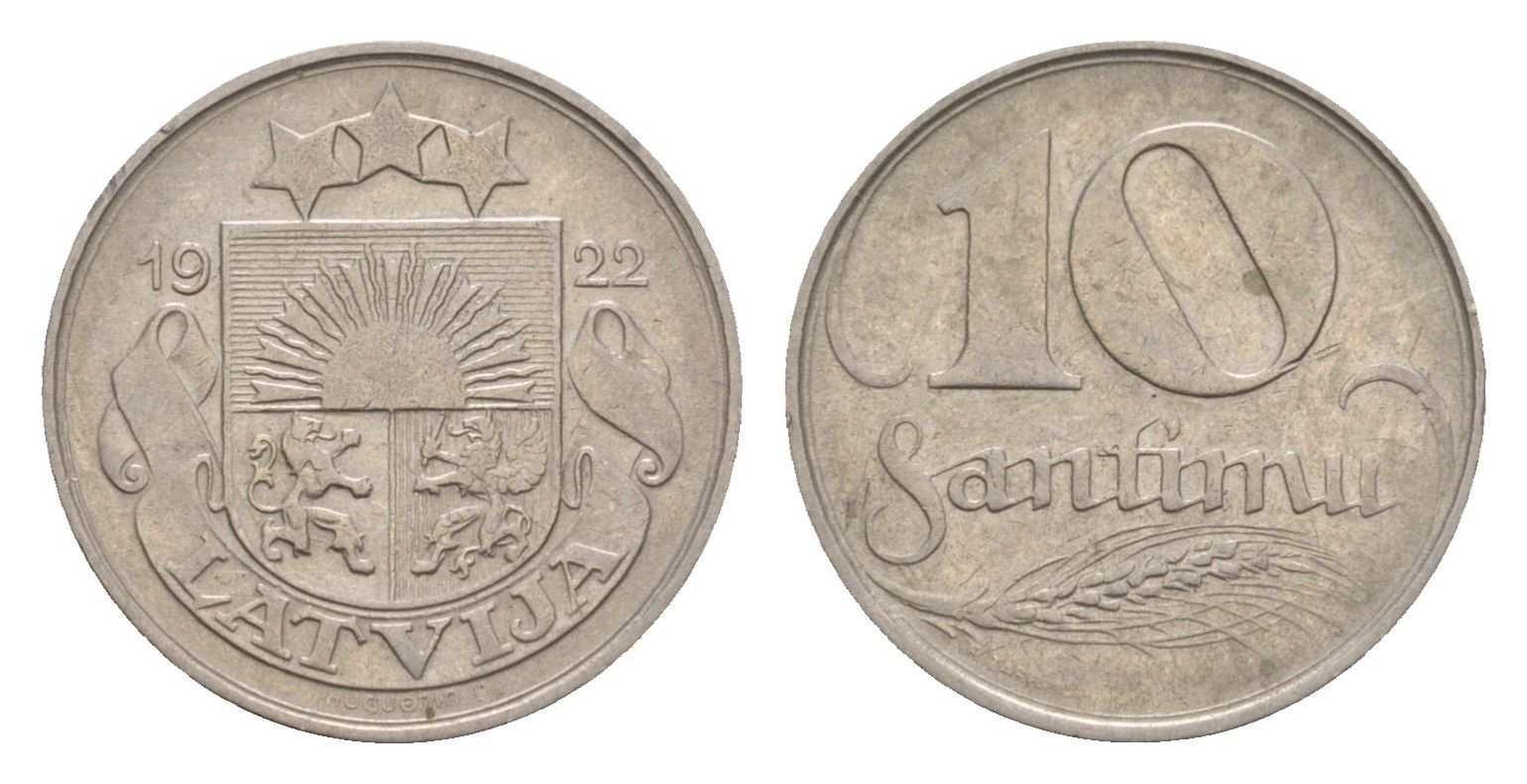 Латвия 10 сантимов 1922 год-тип KM 4 никель 4658-1235