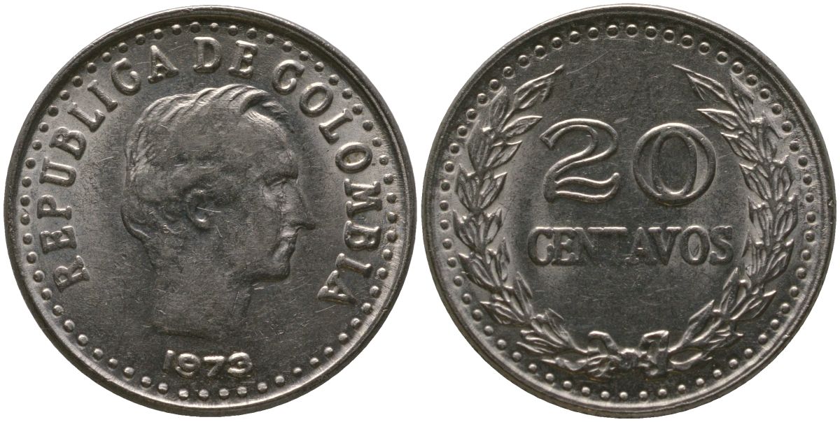 Колумбия 20 сентаво 1973 KM 246.1 сталь плакированная никелем 4529-756