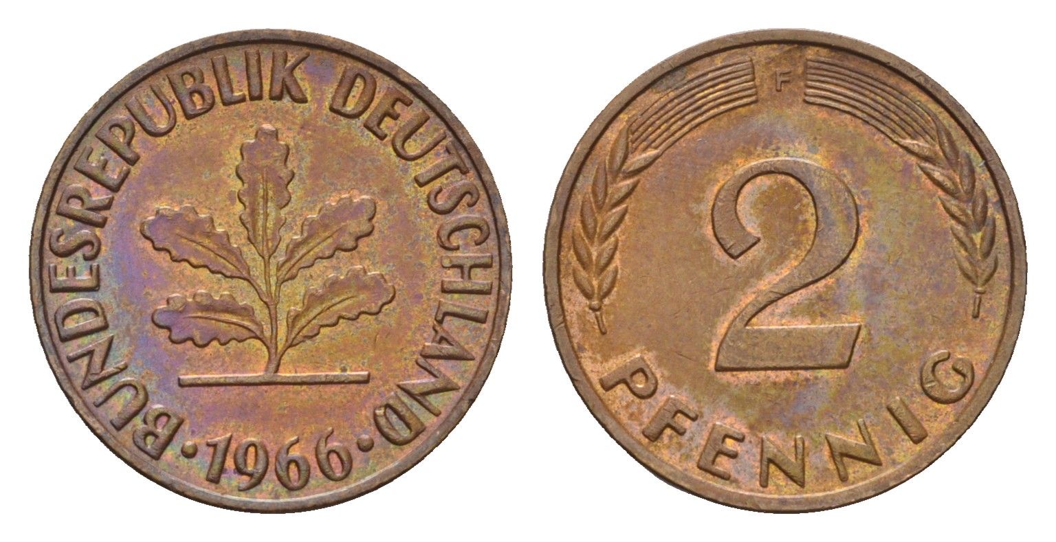 ФРГ 2 пфеннига 1966 F KM 106, J. 381 бронза 4115-358