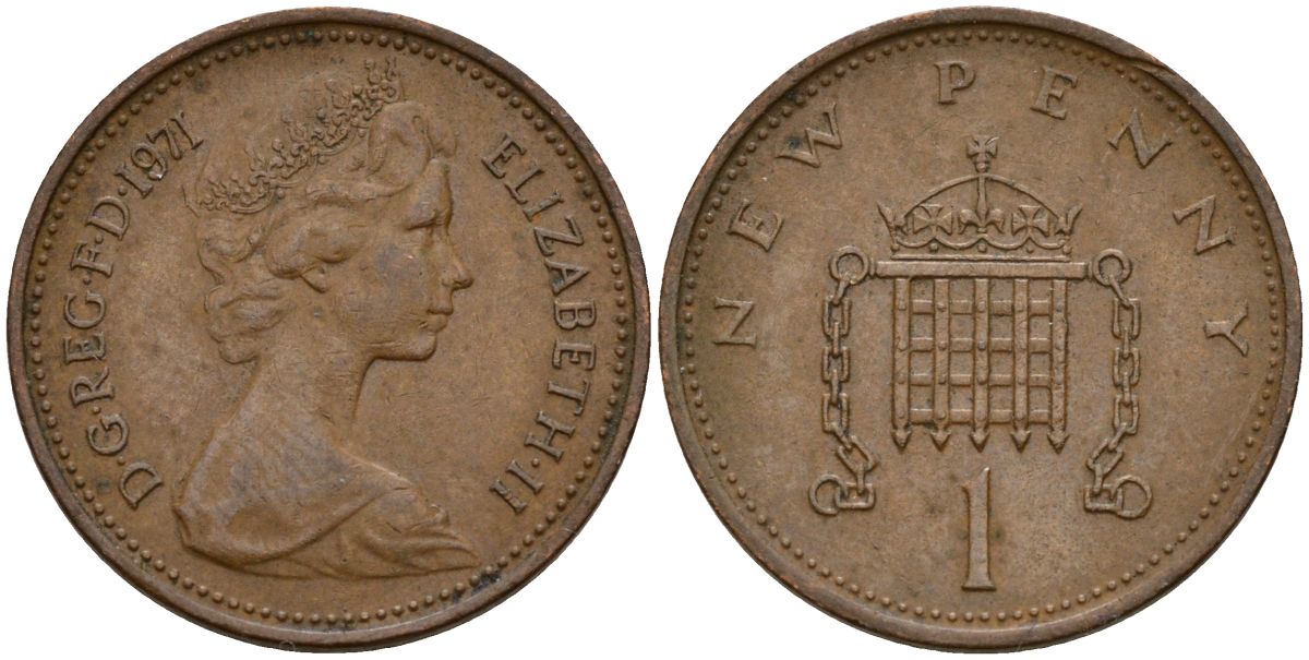 Великобритания 1 пенни 1971 Елизавета II (1952-2022) KM 915, Spink 4237 (B1) бронза 4152-413
